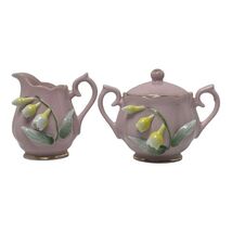 VINTAGE HANDPAINTED PINK CREAMER &amp; SUGAR BOWL WITH LID RAISED FLOWERS GO... - $9.80