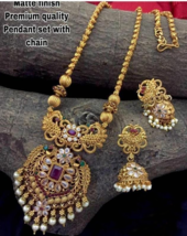 Bollywood Style Indian Matt Gold Plated CZ Chain Necklace Pendent Jewelry Set - £22.40 GBP