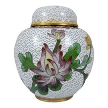 Vintage Cloisonne Vase Urn Ginger Jar white  Pink Cherry Blossoms 4 inch... - £60.69 GBP