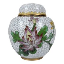 Vintage Cloisonne Vase Urn Ginger Jar white  Pink Cherry Blossoms 4 inch... - £61.87 GBP