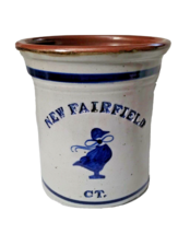 Fairfeild CT French Country Rustic CROCK Pottery Utensil Holder Jar Goose Blue  - £23.30 GBP