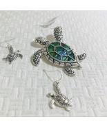Abalone Turtle Pendant Earring Set Silver Tone - £17.34 GBP