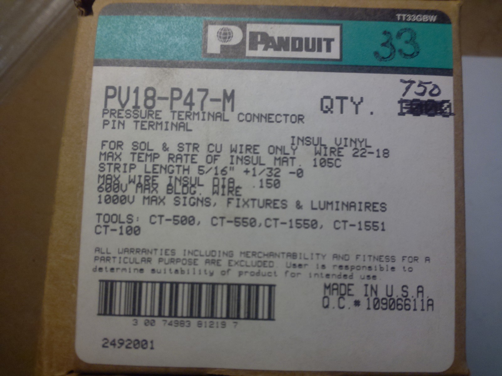 (750) PANDUIT PV18-P47-M TERMINAL CONNECTORS / 22-18AWG TO SOLID PIN / 600VAC - $36.59