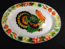 Vintage Raised Enamelware Turkey Platter TRAY-VEG. Bright Colors Large Oval 17&quot; - £6.87 GBP