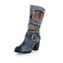 Women&#39;s Platform Shoes Autumn and Winter Wear Beads Boots Denim Do Old Coarse Hu - £115.92 GBP