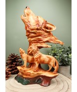 Faux Wood Three Howling Wolves Rocky Wildlife Scene Statue Timber Wolves... - $47.85 CAD