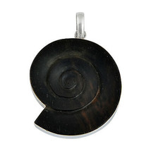 Artisan Crafted Sterling Silver and Carved Ammonite Ebony Wood Jewelry Pendant - $13.74