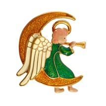 Trumpeting Angel Sitting On Crescent Moon Enamel Gold Tone Pin Brooch 1.5in Tall - £10.31 GBP
