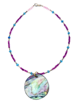 Sterling Silver Purple Blue Medallion Shell Pendant Necklace - £19.05 GBP