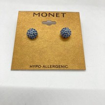 New Monet Pierced Stud Earrings Pave Blue Rhinestone Button Silver Tone Signed - £11.91 GBP
