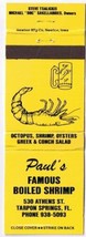 Matchbook Cover Paul&#39;s Famous Boiled Shrimp Tarpon Springs Florida - £0.77 GBP