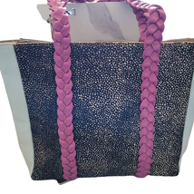 Leather Spotted Hair on Hide Braided Handle Tote Bag Purse Purple Grey  - $1,630.87 MXN