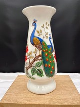 Pair of Peacocks on a Branch Red Flowers Vase Ceramic Made in Brazil Peafowl - £15.44 GBP