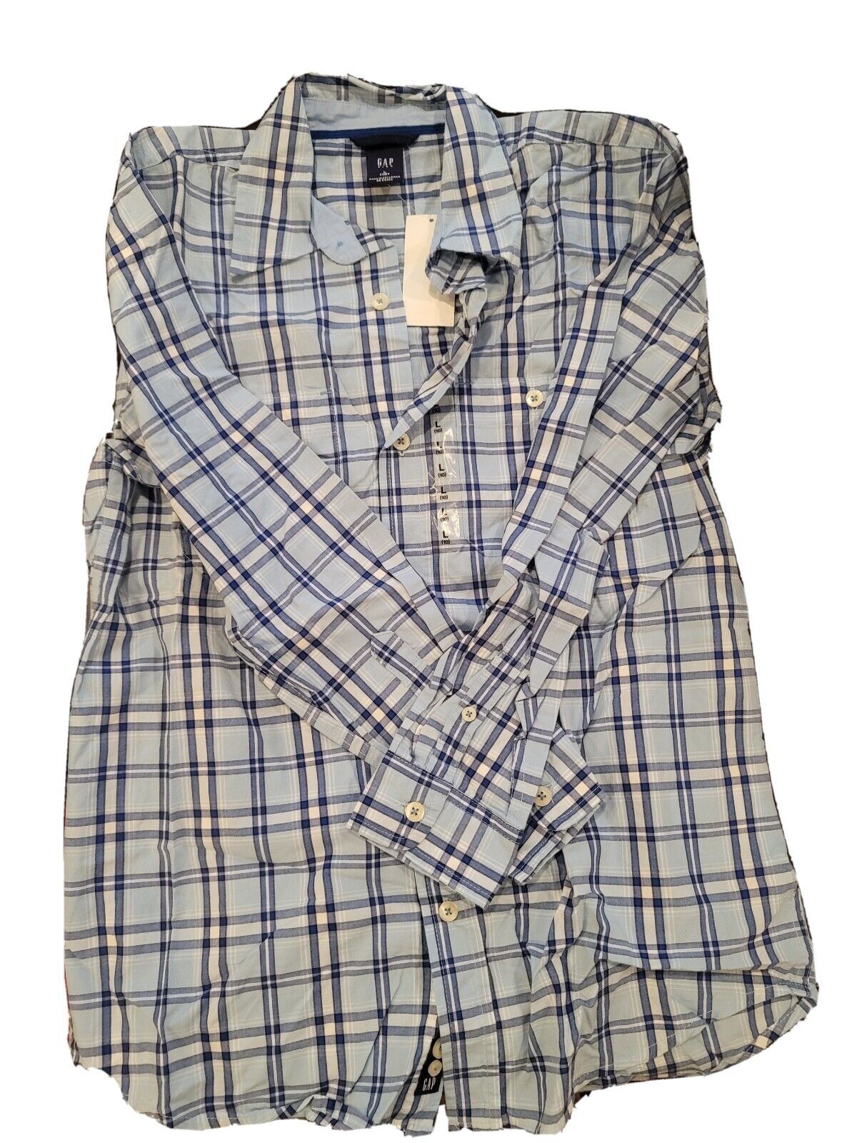 Primary image for NWT New With Tags GAP Boy's Blue Plaid Long Sleeve Dress Shirt Size L (10)