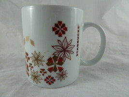 Starbucks Christmas Holiday Mug Cup 12 oz White with Red &amp; Gold Snowflakes - $9.89