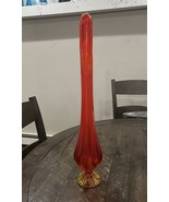 LE Smith Swung Vase Ribbed 24.5” Amberina Orange Art Glass Pedestal MCM ... - $247.49