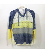 Hem and Thread Crochet Hoodie Sweater Wm&#39;s Small Blue Yellow White Striped - £17.57 GBP