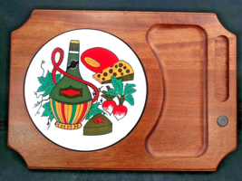 Mahogany Cheese Tray 11.5&quot; x 8&quot; Mushrooms and Wine Ceramic Trivet - $14.00