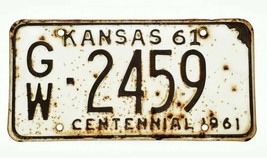 1961 Kansas License Plate GW- 2459 White w/ Black Car Tag Centennial Décor - £21.98 GBP