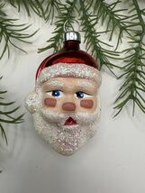 Polish Blown Glass Santa Head Ornament Red Hat Iridescent Glitter 4.5” - $25.17