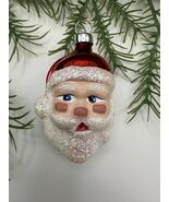 Polish Blown Glass Santa Head Ornament Red Hat Iridescent Glitter 4.5” - $25.17