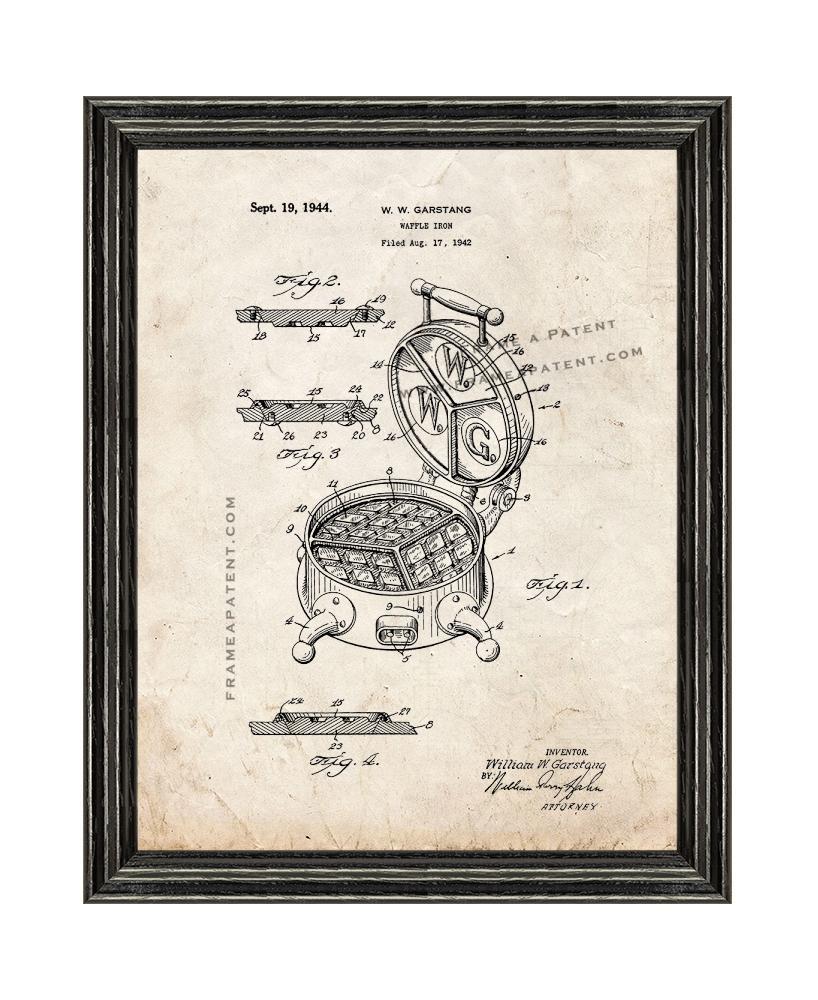 Waffle Iron Patent Print Old Look with Black Wood Frame