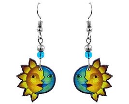 Sun and Moon Celestial Graphic Dangle Earrings - Womens Fashion Handmade Jewelry - £9.38 GBP