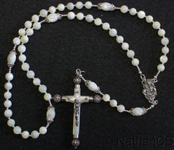 Catholic Rosary Mother Of Pearl w Sterling Vintage Cross Rosenkranz Antik Kreuz - £221.58 GBP