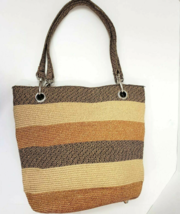 Tote Handbag dual handle shoulder bag Beach woven Striped brown tan - £10.17 GBP