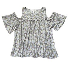 Cottagecore Blue Crepe Delicate Floral Cold Shoulder Blouse Sz XL Lauren Conrad - £9.57 GBP