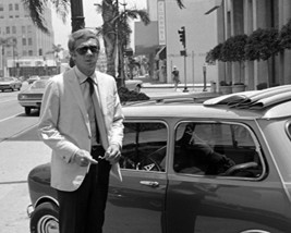 Steve McQueen cool in sunglasses posing by 1960's Austin Mini with sunroof 16x20 - $69.99