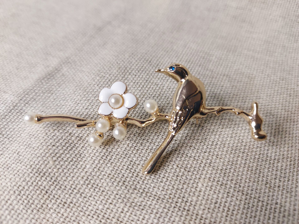 Bird On A Branch Gold Tone Brooch With Faux Peal Flowers - $23.62