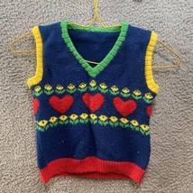 VTG Kids sweater Vest Hearts Flowers Blue Red Green Yellow - £9.20 GBP