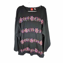 Liz &amp; Co Knit Pullover Sweater 90&#39;s Y2K Black Large Embroidered Flowers ... - $21.38