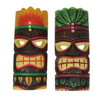 12 Inch Hand Carved Natural Wood Tiki Mask Orange & Green Headdress Art Set of 2 - $31.42