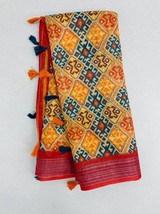 Sari Saree Indian Original Linen With Silver Jari Patta Digital Print wi... - $30.03