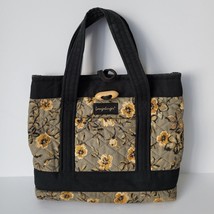 Longaberger Homestead Quilted Tote Purse Khaki Gold/Yellow Flowers Black... - $14.01