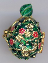 Russian Faux Pendant Green w/red and crystal face design, opens w/angel/harp - $34.60