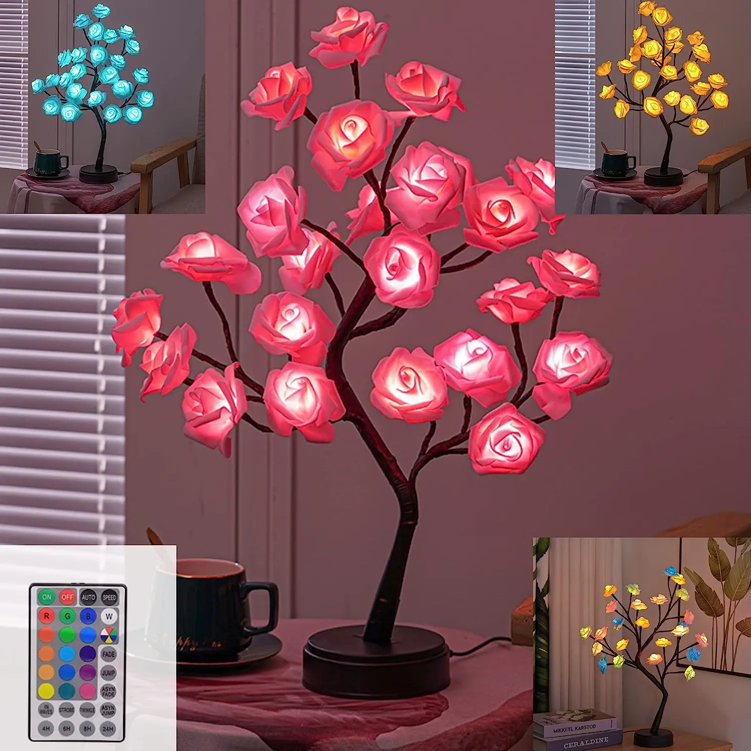 RGB Rose Flower Tree Lights 24LED USB Battery Table Lamp Fairy Night Light Home - £25.07 GBP+