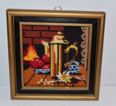Coffee Pot apples fireplace Needlepoint Framed estate find retro Cozy Home - $14.36