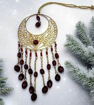 Vintage Filigree Dreamcatcher Christmas Ornament Gold Tone Red Dangling Beads - $14.89