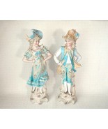 Antique German Bisque Porcelain 14 3/4&quot; Man &amp; Woman Figurines Blue &amp; Tan... - $84.14