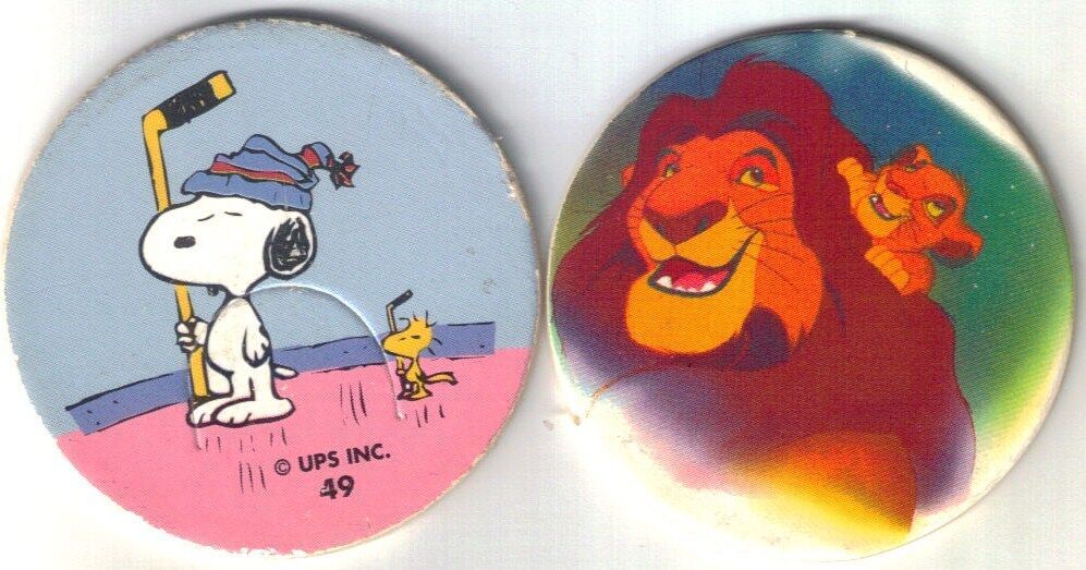 Set of 2 Peanuts, Snoopy, Woodstock - Disney, Lion King, Simba -  Pogs Milk Caps - £2.35 GBP