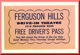 1964 Ferguson Hills Drive-In Theatre Driver&#39;s Pass-Pink, Cincinnati, Ohi... - £3.93 GBP