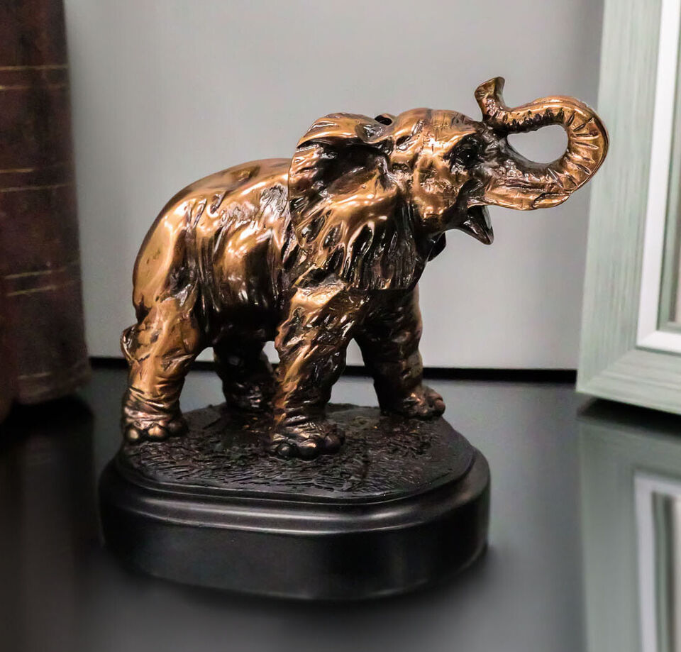 Small African Elephant Calf With Trunk Raised Bronzed Resin Figurine On ... - $25.99