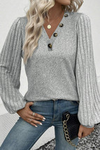 Light Grey Buttoned V Neck Ribbed Puff Sleeve Top - $11.47