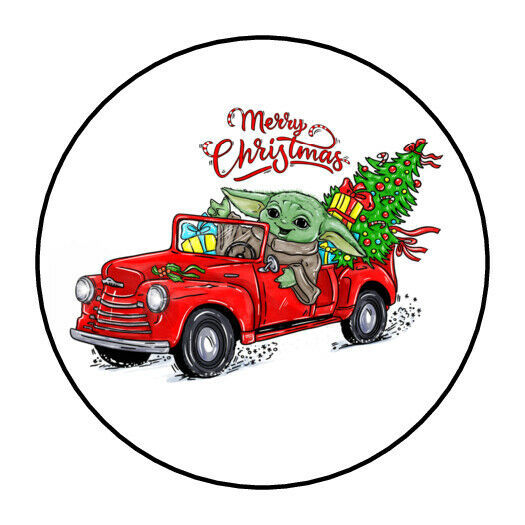 30 MERRY CHRISTMAS BABY YODA ENVELOPE SEALS LABELS STICKERS 1.5" VINTAGE TRUCK