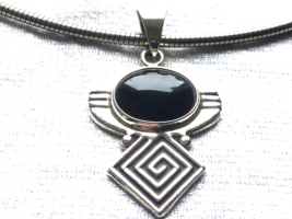 Sterling Onyx Pendant on Cable Link Omega Chain With Unusual Snap Clasp - £55.66 GBP