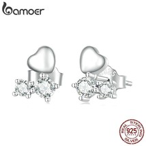 Bamoer 925 Silver Mini Heart Earrings for Women Fine Jewelry Fashion Shining Sto - £16.64 GBP