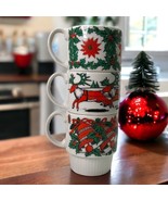 Vtg Japan Christmas Stackable Ceramic Mugs Holiday Bells Holly Santa Poi... - €14,81 EUR